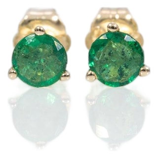 Zambian Emerald Martini Solitaire Stud Earrings in Solid 14k Gold, Round 4mm, Pair For Sale