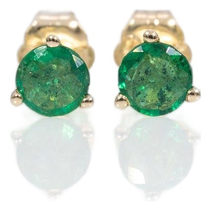 Zambian Emerald Martini Solitaire Stud Earrings in Solid 14k Gold, Round 4mm, Pair For Sale