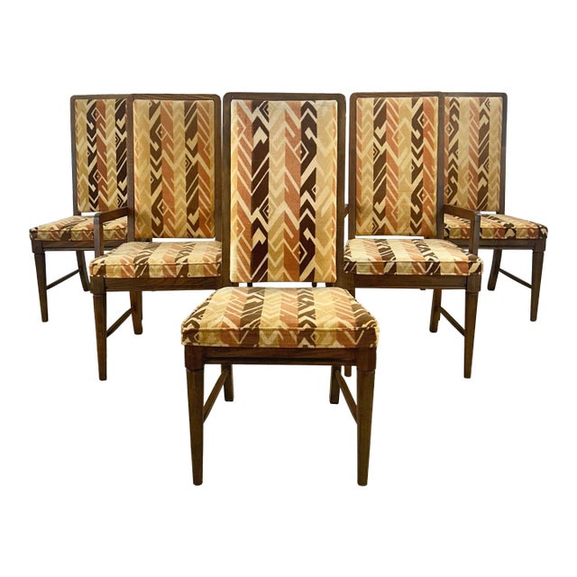 Vintage Modern Highback Dining Chairs With Retro Upholstery- Set of Six For Sale