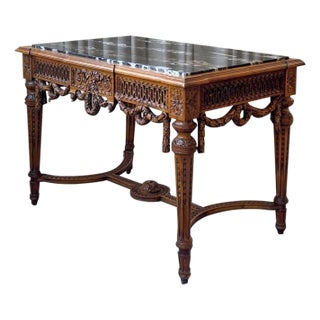 Louis XVI Style Marble Top Carved Beechwood Center Table, Late 19th Century For Sale