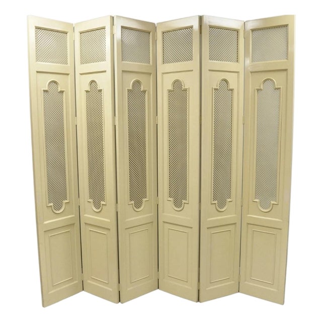 Vintage LRG Hollywood Regency 92" Tall 6 Panel Bone Lacquer Room Divider Screen For Sale