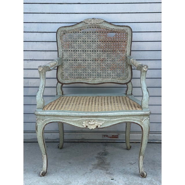 Green Pair of Painted Louis XV Armchairs With Hand Caned Seats, France, Circa 1830 For Sale - Image 8 of 18