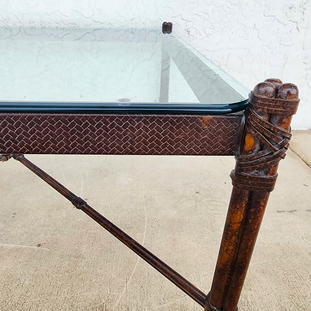 English Maitland Smith Style Faux Bamboo Glass & Leather Cocktail Table For Sale - Image 3 of 13
