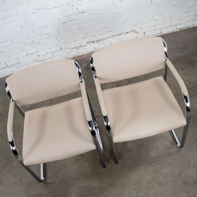 1980s Vintage Modern Dining Armchairs Off White and Chrome by Steelcase - A Pair For Sale - Image 5 of 12