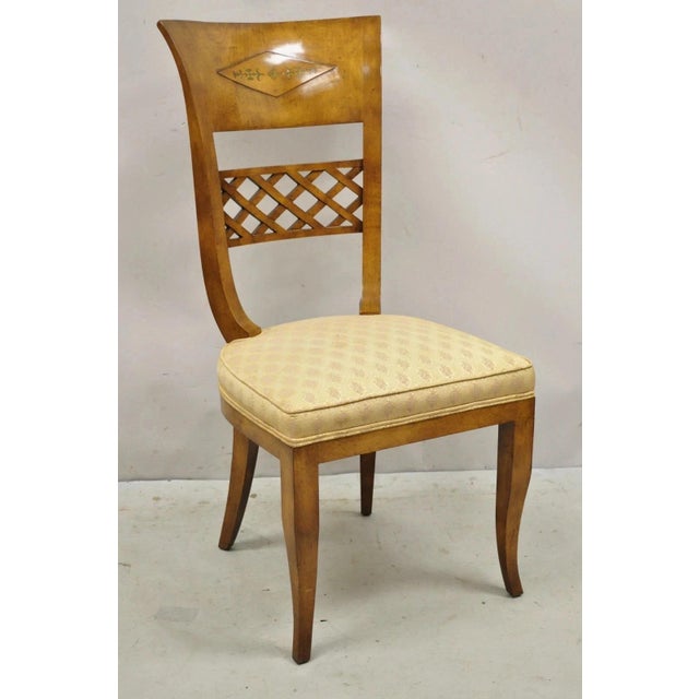 Vintage Italian Regency Style Burl Wood & Brass Inlay Tall Back Dining Side Chairs - Set of 4. Circa Late 20th Century....