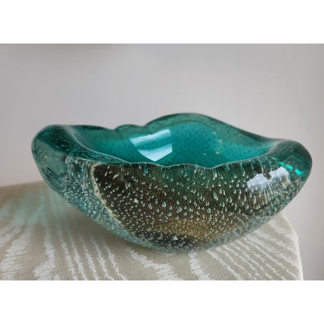 Alfredo Barbini Style Murano Teal Green Gold Flecks Italian Bullicante Art Glass Mid Century Dish Bowl For Sale - Image 10 of 12