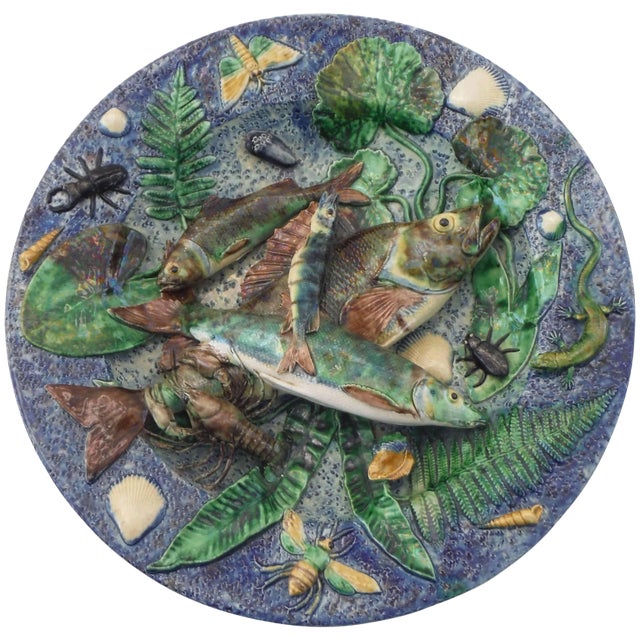 19th Century Victor Barbizet Majolica Palissy Fishs Wall Platter For Sale