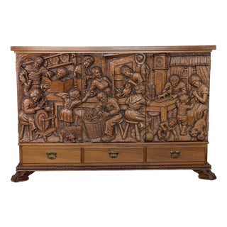 Hand-Carved Oak Storybook Cabinet by Emil Hansen, Denmark C 1950 For Sale