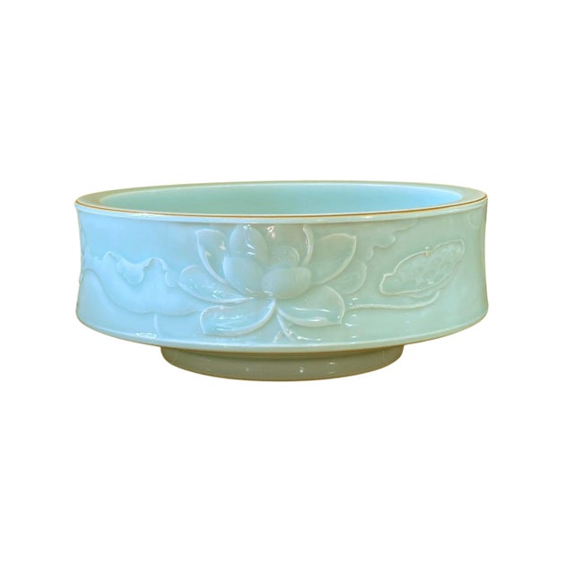 1980s Chinoiserie Hand Carved Celadon Bowl With Lotus Flower 10.25" D For Sale - Image 5 of 10