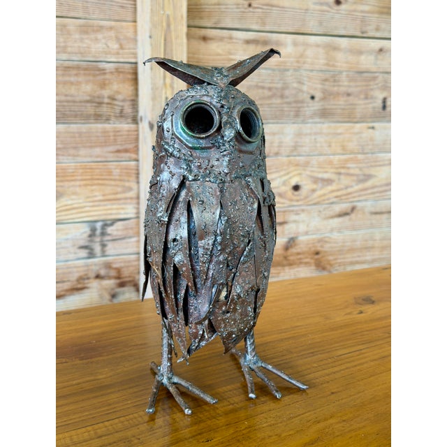Brutalist Welded Metal Owl Sculpture Candle Holder Folk Art For Sale - Image 10 of 12