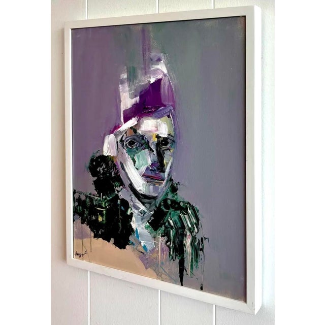 Vintage Boho Abstract Purple Tone Painting in White Frame For Sale In West Palm - Image 6 of 7