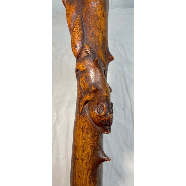 Large Antique 1800's Chinese Foo Dog Carved Wood Folk Art Walking Stick Cane For Sale - Image 10 of 18