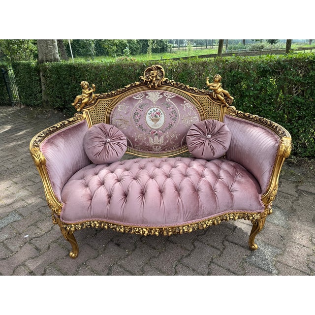 1940 French Louis XVI Gold Beech Rose Velvet Settee For Sale - Image 18 of 18