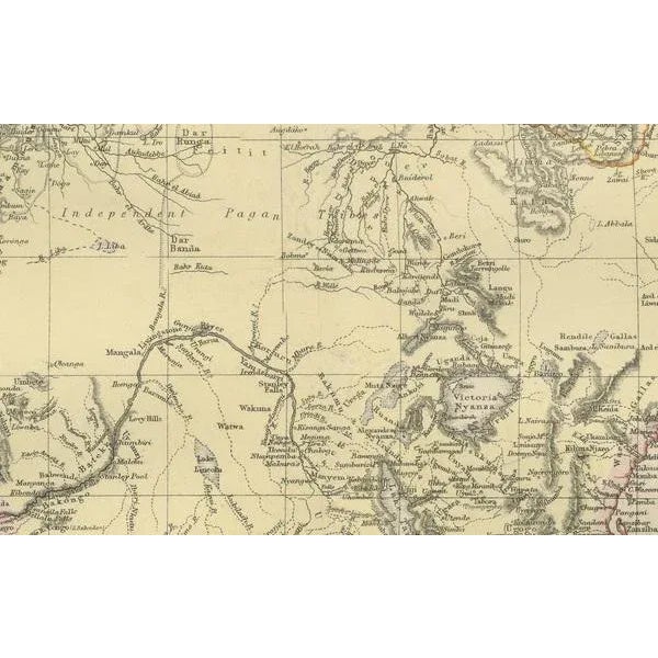 The uploaded image is a historical map of Africa from the 1882 atlas by Blackie & Son. The map includes the entire African...