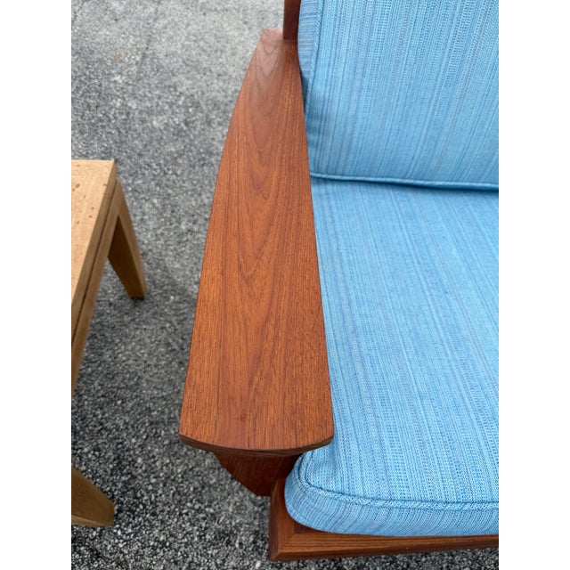 Brown Jordan 1990s Vintage Brown Jordan "Mission Teak" Deep Seating Patio Set With Blue Cushions - 10 Pieces For Sale - Image 4 of 11