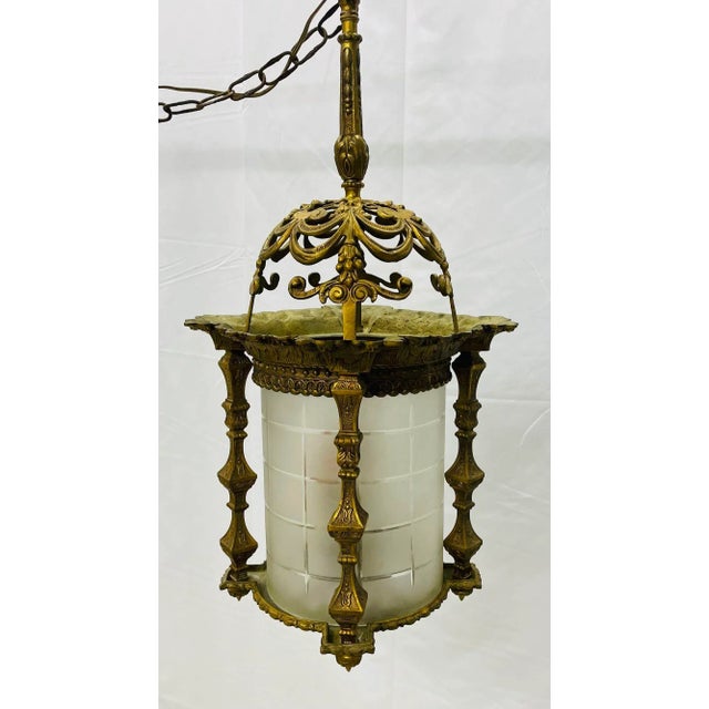1900 - 1909 Empire Dore Lantern Chandelier, Frosted Etched Glass, 19th Century, Solid Bronze For Sale - Image 5 of 13