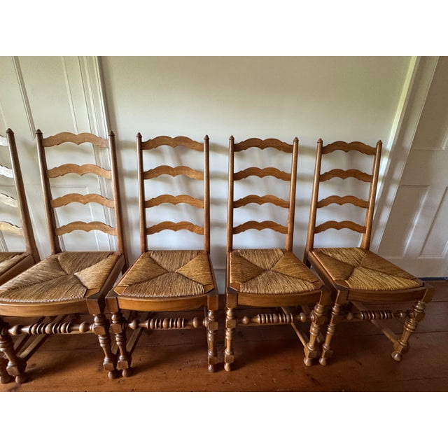 Wood Set of 6 French Country Style Oak Ladder-Back Dining Chairs With Rush Seats For Sale - Image 7 of 9