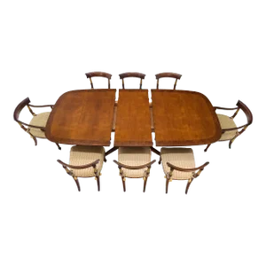 Single Pedestal One Leaf Oval Banded Dining Table 8 Regency Chairs Set - Set of 9