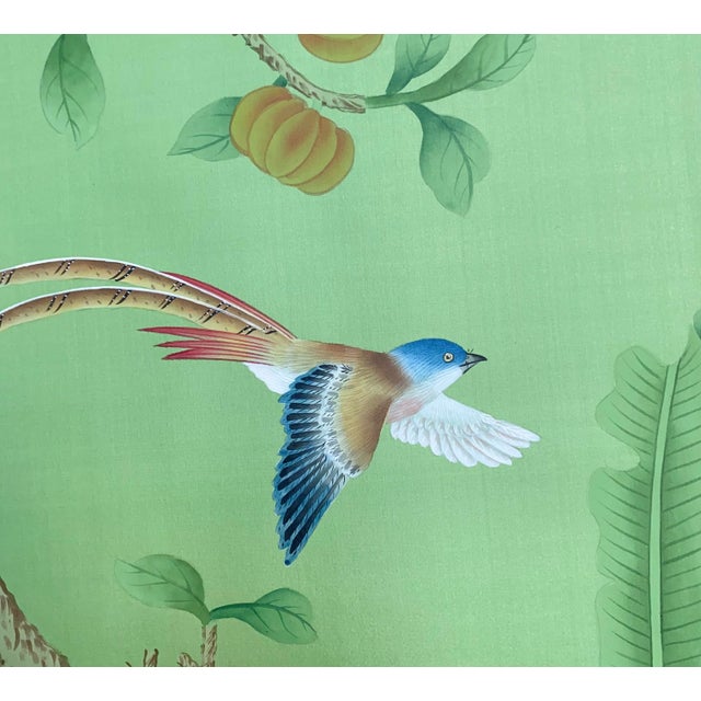 30"*72"/Panel, a Set of 5 Chinoiserie Tropical Forest Birds and Flowers on Emerald Silk Panels For Sale - Image 10 of 10