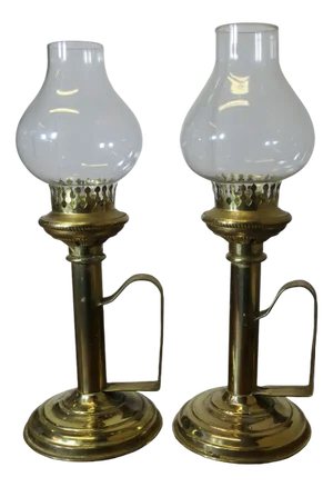 Brass Candleholders with Glass Chimneys, Set of 2