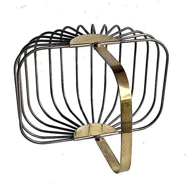 Vintage Art Deco Style Wire Bread/Fruit Basket in Stainless Steel and Brass Plate Handle For Sale - Image 9 of 12