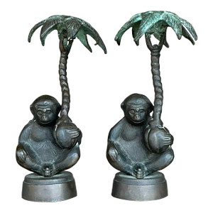 Vintage Boho Patinated Monkey Candlesticks - A Pair