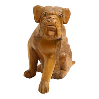 Large Vintage Hand-Carved Solid Wood Mastiff Sculpture – 9" Tall, 3lb English Mastiff Figurine – Mid-Century Folk Art Dog For Sale