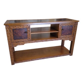 1980s Spanish Revival Hand-Gouged Wood Media Console Credenza With Shelf For Sale