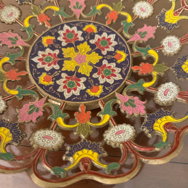 Vintage Painted Decorative Floral Brass Bowl For Sale - Image 9 of 10