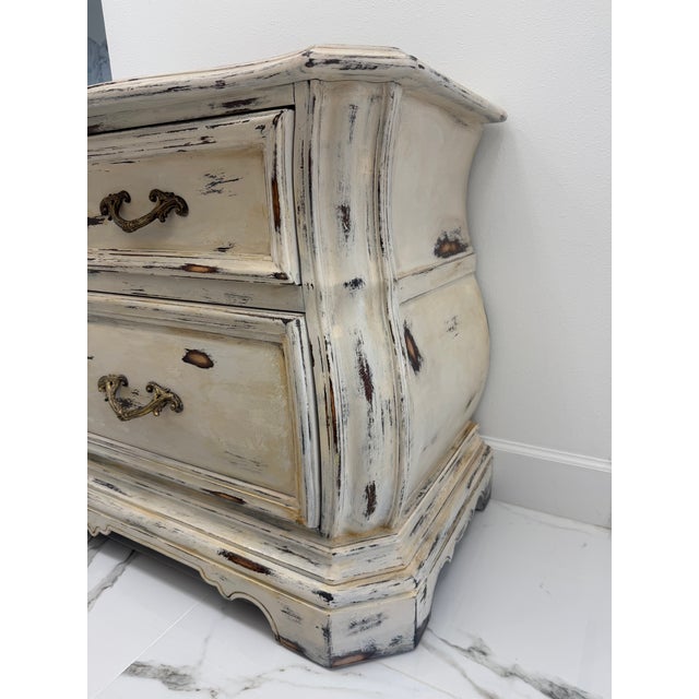2010s Vintage French Provincial Bombé Marble-Top Chest / Distressed Louis XV Style 2-Drawer Commode For Sale - Image 5 of 6