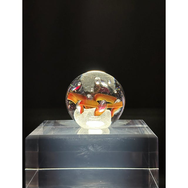 Glass 1970s Adam Jablonski Signed Hand Blown Crystal Art, Red Ribbon Suspended on Controlled Bubbles Paperweight For Sale - Image 7 of 11