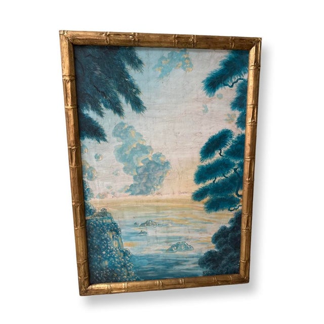 Vintage Italian Pair of Paintings on cartoon with design of trees and ruins framed in gilded Wood.