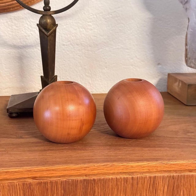 Brown Spherical Pearwood Candleholders attributed to Bottega Ghianda for Hermès, 1970s, Set of 4 For Sale - Image 8 of 14