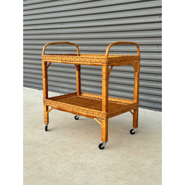 C. 1970s Mid Century Modern Italian Franco Albini Style Rolling Bamboo Bar Cart For Sale In Austin - Image 6 of 11