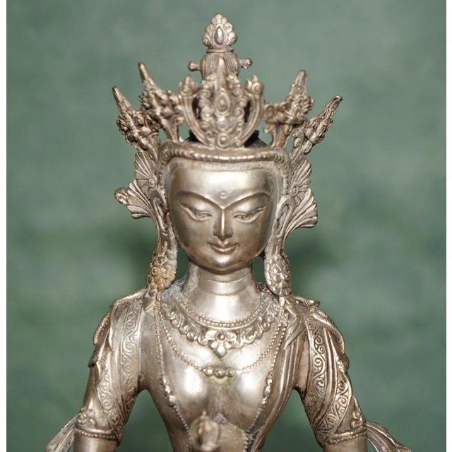 2000 - 2009 Tibetan Silvered Metal Buddhist Deity Figure Statue on Lotus Base For Sale - Image 5 of 18