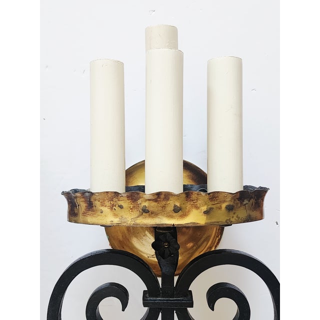 Mid Century Spanish Revival Wrought Iron Wall Sconces-a Pair For Sale - Image 4 of 13