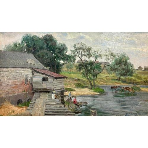 Beautiful work from the 1950s. Beautiful light on a water mill with fishermen This piece is attributed to the mentioned...