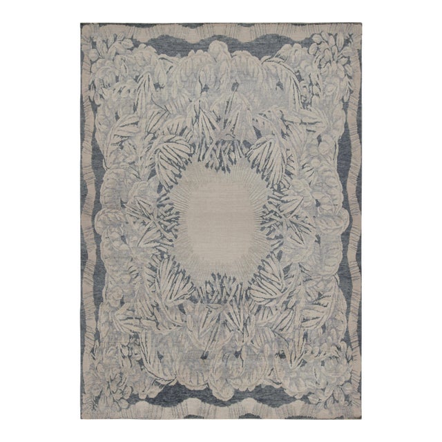 Rug & Kilim’s French Style Art Deco rug in Blue, Grey & Beige Floral Patterns - 9x12 For Sale