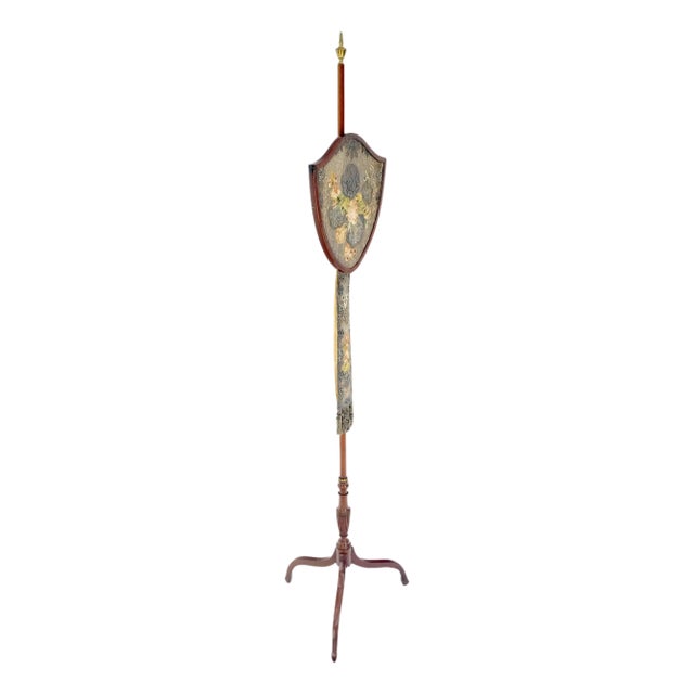 Antique 19th Century Victorian Shield Shape Elegant Tripod Base Fire Screen For Sale