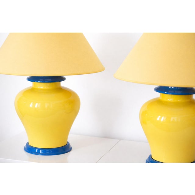 Mid-Century Modern French Yellow and Cobalt Blue Glazed Ceramic Table Lamps, 20th Century, Set of 2 For Sale - Image 3 of 11