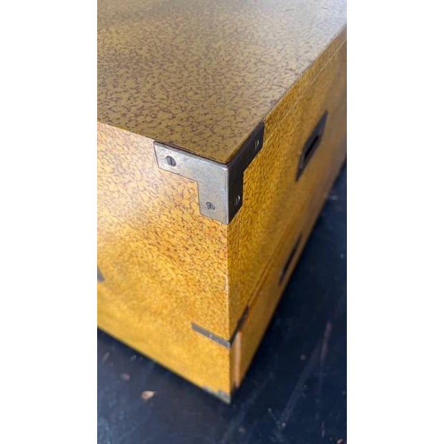 Wood 1970s Henredon Campaign-Style Chest of Drawers — Faux Shagreen Finish, Brass Hardware For Sale - Image 7 of 15
