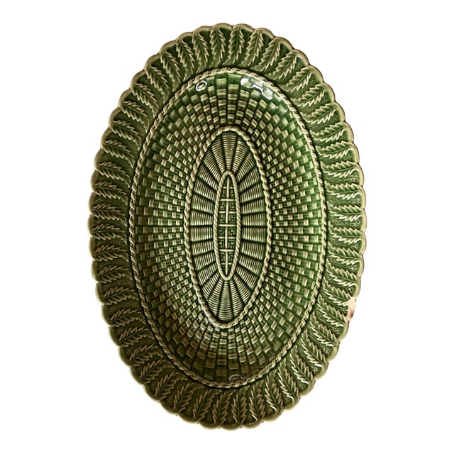 Vintage Bordallo Pinheiro Green Basketweave Serving Dish For Sale
