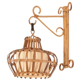 Mid-Century Rattan and Wicker Lantern Sconce by Louis Sognot, France, 1960s For Sale