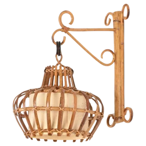 Mid-Century Rattan and Wicker Lantern Sconce by Louis Sognot, France, 1960s