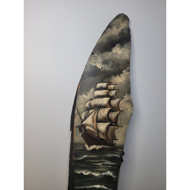 A striking and monumental piece of mid-century maritime folk art. This original oil painting depicts a majestic clipper...