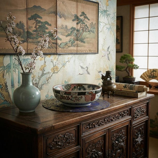 1970s Vintage Asian Round Polychrome Enamel Scenery Graphic Porcelain Bowl For Sale - Image 5 of 11