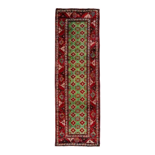 Vintage Handmade Persian Green Geometric Wool Runner Rug 2'11" X 8'11" For Sale