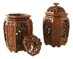Pair of Carved Boxwood Incense Burners with Lids