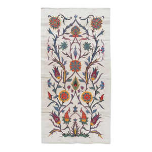 21"x41" 100% Silk Wall Hanging with Floral Design, Embroidered Uzbek Tapestry