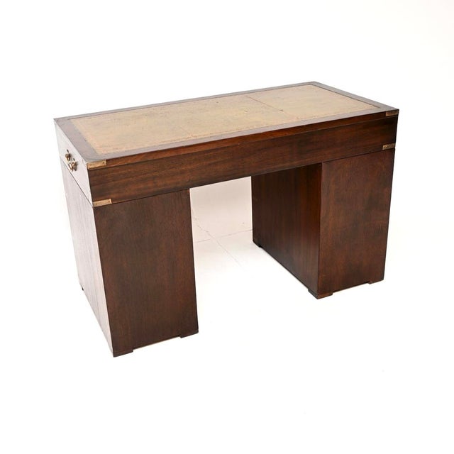 Military Campaign Leather Top Pedestal Desk, 1930 For Sale - Image 4 of 10